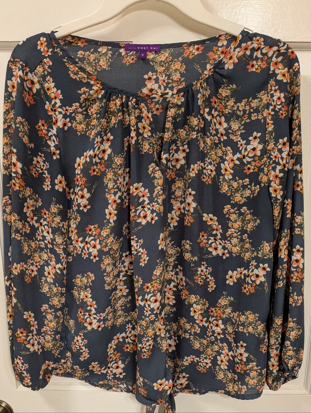 West Kei Blue Floral Long-Sleeve Top with Orange and Cream Blooms